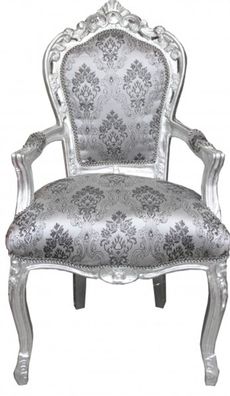 Casa Padrino Barock Esszimmer Stuhl Grau Muster / Silber mit Armlehnen - Möbel
