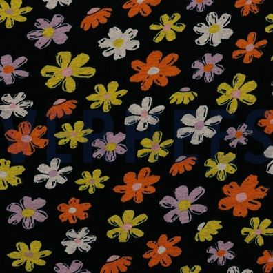 Meterware, ab 0,5 : Alpenfleece "Blumen", schwarz-bunt, 160 cm breit