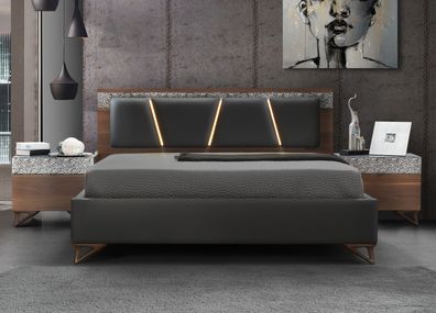 Modernes Doppelbett Mercury mit Polsterung aus Kunstleder in Schwarz / Walnuss