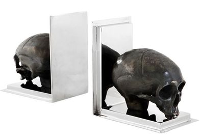 Casa Padrino Luxus Bücherstützen Set Skull Stainless Steel / Messing - Bücherstütze