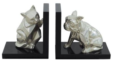 Casa Padrino Luxus Buchstützen Set Katze & Hund Silber / Schwarz 18 x 18 x H. 10 cm