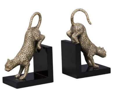 Casa Padrino Luxus Buchstützen Set Bronze Leoparden auf schwarzem Holzsockel - Deko