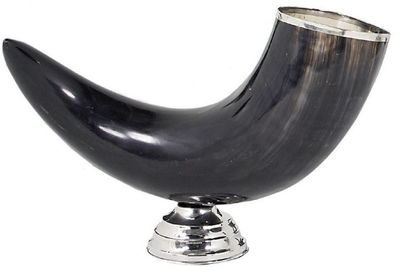 Casa Padrino Luxus Deko Horn mit Sockel Schwarz / Silber 40 x 12 x H. 26 cm - Schreib