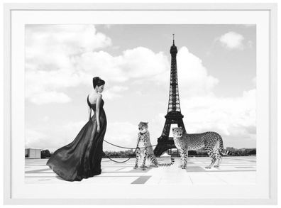 Casa Padrino Luxus Bild Dame mit Geparden in Paris Mehrfarbig / Weiß 115 x H. 85 cm