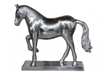 Casa Padrino Luxus Figur Pferd auf Sockel, Silber, B 35 cm, H 30,5 cm - Massive Skulp