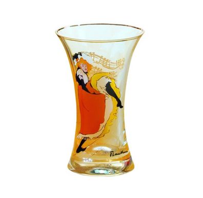 Handgearbeitete Vase aus Glas mit einem Motiv von T. Lautrec "Jane Avril", Höhe 16 cm