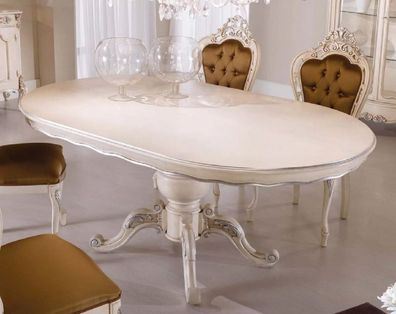 Casa Padrino Luxus Barock Esstisch Cremefarben / Silber - Ovaler Massivholz Esszimmer