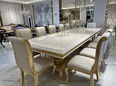 Casa Padrino Luxus Barock Esstisch Weiß / Gold - Handgefertigter Massivholz Esszimmer