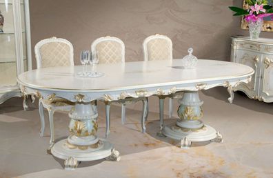 Casa Padrino Luxus Barock Esstisch Weiß / Cremefarben / Mehrfarbig / Gold - Ovaler Ma