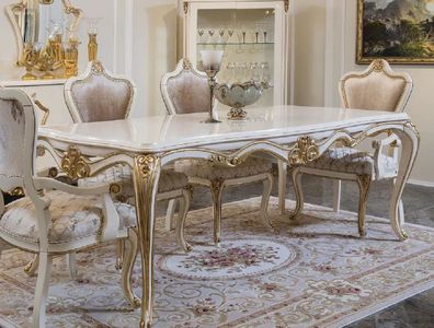 Casa Padrino Luxus Barock Esstisch Weiß / Gold - Edler Massivholz Esszimmertisch - Pr
