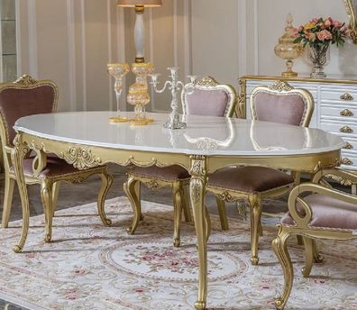 Casa Padrino Luxus Barock Esstisch Weiß / Gold - Ovaler Massivholz Esszimmertisch - P