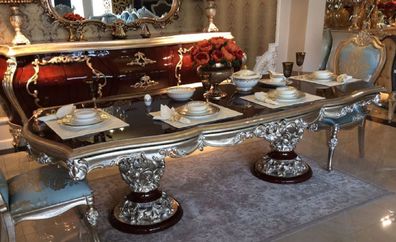 Casa Padrino Luxus Barock Esstisch Dunkelbraun / Silber - Hochwertiger handgefertigte