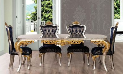 Casa Padrino Luxus Barock Esszimmer Set Royalblau / Silber / Gold - 1 Barock Esstisch