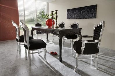 Casa Padrino Barock Esszimmer Set Schwarz/ Silber - Esstisch + 6 Stühle