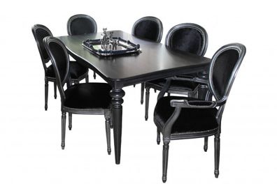 Casa Padrino Design Esszimmerset Schwarz/ Silber - Ausziehbar Esstisch + 6 Stühle
