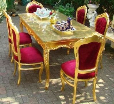Casa Padrino Barock Esszimmerset Bordeaux/ Gold - Esstisch + 6 Stühle