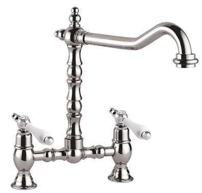 Jugendstil Retro 2-Loch Waschtischarmatur mit Schwenkauslauf Silber / Weiß H. 22,5 cm