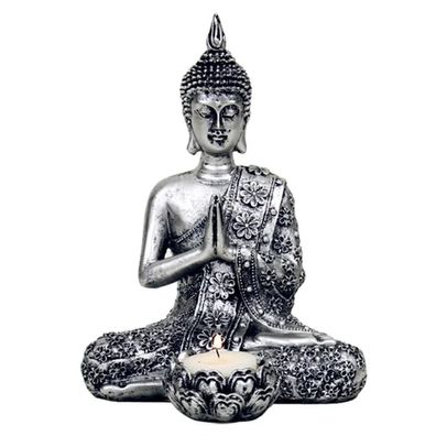 Kerzenhalter BUDDHA silberfarben Polyresin 20,5 cm Buddhafigur Teelichthalter