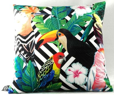 Casa Padrino Luxus Kissen Miami Parrots & Flowers Schwarz / Weiß / Mehrfarbig 45 x 45