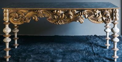 Casa Padrino Luxus Barock Konsole mit Marmorplatte Antik Weiß / Antik Gold / Schwarz
