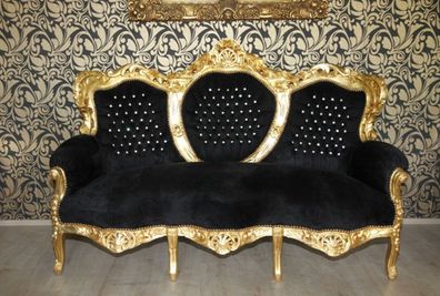 Casa Padrino Barock 3er Sofa "King" Schwarz/ Gold mit Bling Bling Glitzersteinen Möbe