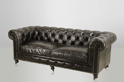 Chesterfield Luxus Echt Leder Sofa 2.5 Seater Vintage Leder von Casa Padrino Ebony