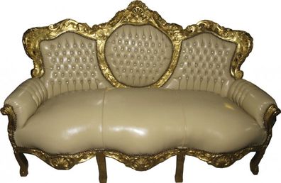 Casa Padrino Barock Sofa Garnitur Creme / Gold Lederoptik Bling Bling - Möbel Antik S