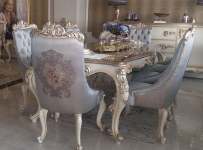 Casa Padrino Luxus Barock Esszimmerstuhl Set Silber / Creme / Gold - 6 Küchen Stühle