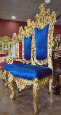 Casa Padrino Barock Thron Stuhl Royalblau / Gold - Handgefertigter Hochlehn Esszimmer