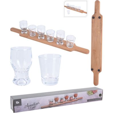 Servierbrett aus Holz mit 6 Gläsern Set für Getränke, Vorspeisen, Vorspeisen, Amuse-