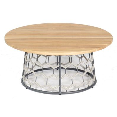 Sonnenpartner Lounge-Tisch Yale Ø 100 cm Teak/ Aluminium mit Polyrope silbergrau Loun