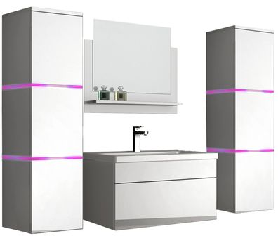 5 teiliges Waschplatz Badmöbel Komplettset inkl. LED Beleuchtung hochglanz Weiss