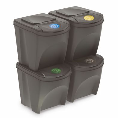 Sortibox Mülleimer 4er Set - 25 L / steingrau - Abfall Trenner System stapelbar