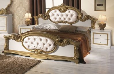 Barock Doppelbett Barocco mit Polsterung aus Kunstleder in Weiß / Gold