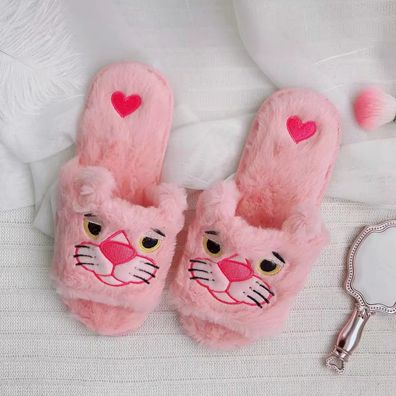 Damen Cartoon Süße Rosa Leopard Plüsch Hausschuhe Ins Warm Slippers #2