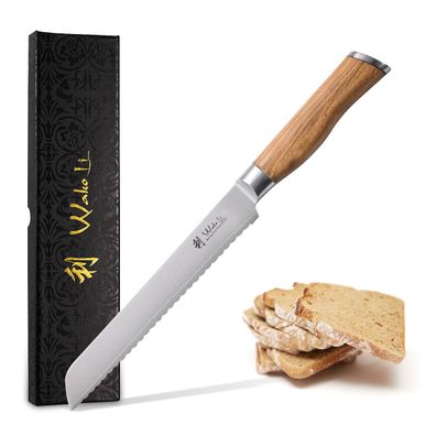 Wakoli Damast Brotmesser mit Olivenholzgriff, Klingenlänge 20,00 cm und Geschenkve...