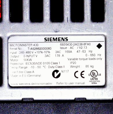 Siemens 6SE6430-2AD38-8FA0 Micromaster Frequenzumrichter 90KW ( ohne Bedienteil)
