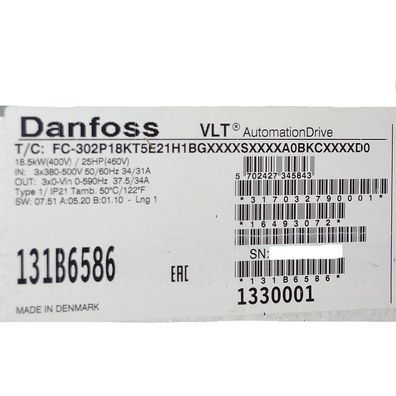 Danfoss FC-302P18KT5E21H1BG Frequenzumrichter 18,5KW 131B6586