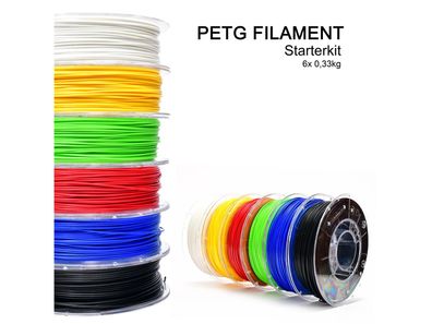 PETG Filament Starterkit Weiß, Rot, Gelb, Grün, Blau & Schwarz (6 x 0,33 kg) 1.75mm
