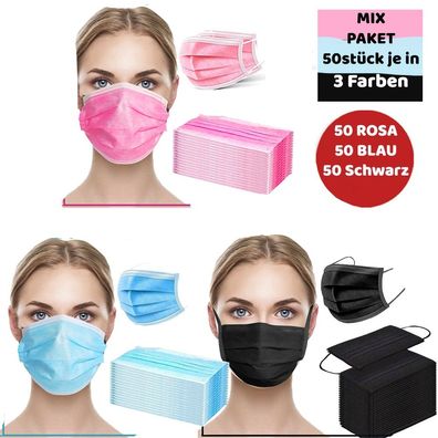 150 Stück Schwarz Rosa Blau OP-Maske Schutz-Masken Mundschutz Einwegmaske 50er