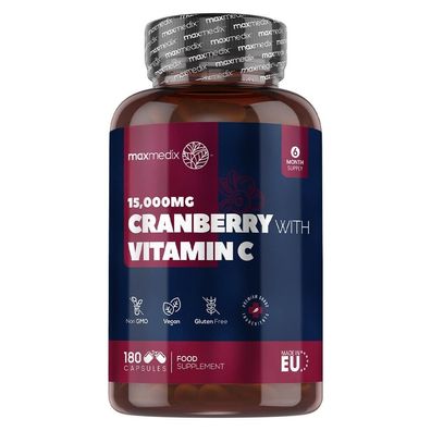 maxmedix Cranberry Kapseln mit Vitamin C - Entspricht 15.000mg 180 vegane.