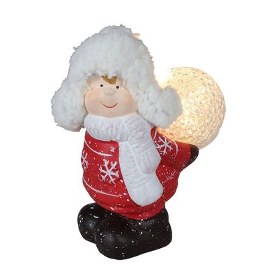 Keramik-Kinderfigur stehend mit LED-Schneeball Dekofigur Weihnachtsdeko warmweiß