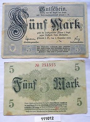 5 Mark Banknote Großnotgeld Stadtgemeinde Plauen 1.11.1918 (111012)