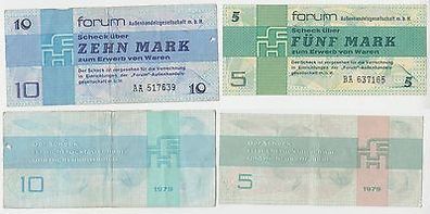 2 DDR Banknoten 5 und 10 Mark Forum Scheck 1979 (110946)