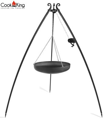 Dreibein mit Kurbel H 200 cm mit Wok Ø 70 cm aus Stahl Dreibein Wokpfanne