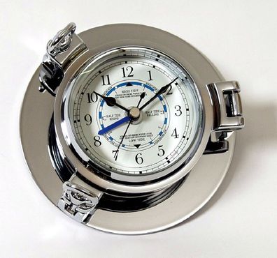 Edle Bullaugen Uhr, Tidenuhr Chrom, Gezeitenuhr mit Tidenzeiger Wanduhr 14 cm
