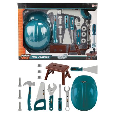 Toi-Toys - Power Tools - Werkzeugset mit Bauhelm (14-teilig) Kinderwerkzeug Tool