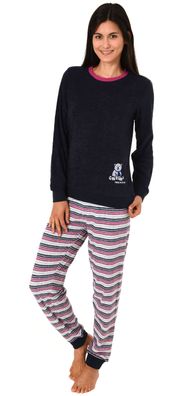Damen Frottee Pyjama Schlafanzug langarm mit Bündchen und süsser Bär-Applikation