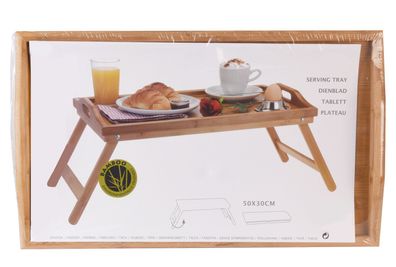 Bambus Betttablett mit Füßen - 50 x 30 cm - Holz Servier Bett Frühstücks Tablett