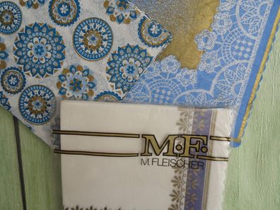 RAR DM-Zeit Tafelservietten ua M.F. Fleischer 33x33cm 36x36cm blau-lila-gold